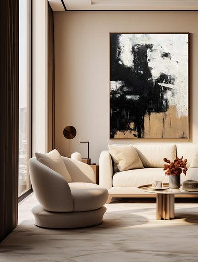 Modern Black Beige Abstract Painting Vintage Canvas Wall Art Black Beige Minimalist Abstract Art 