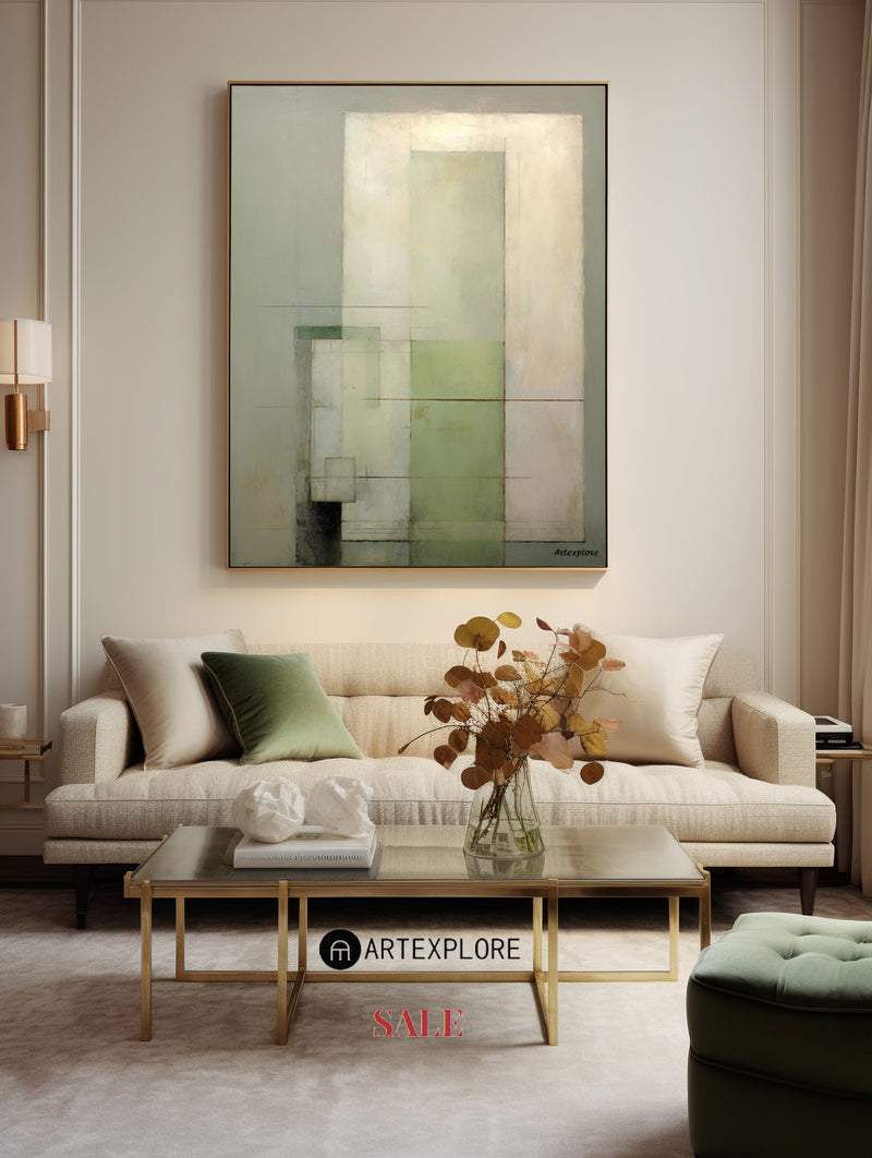 Modern Green Abstract Art Beige Green Minimalist Painting Livingroom Canvas Wall Art