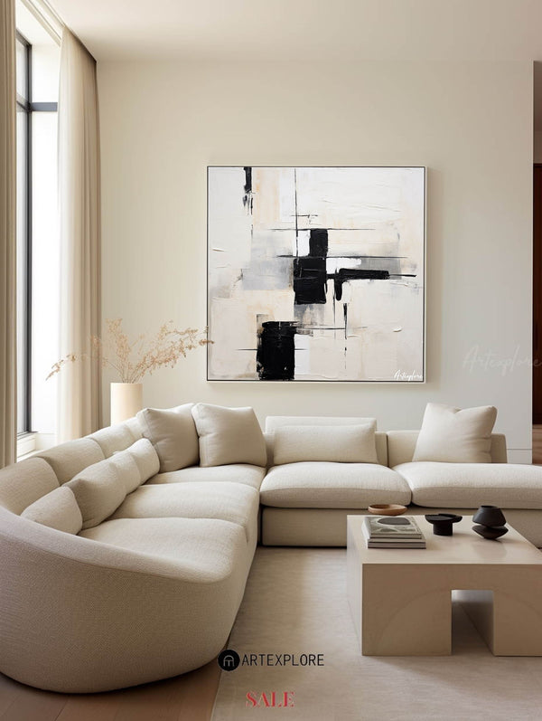 Black And White Abstract Minimalist Painting Large Canvas Wall Art For Sale