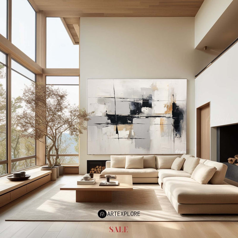 Black And White Abstract Painting Minimalist Art Large Horizontal Canvas Paintings For Sale