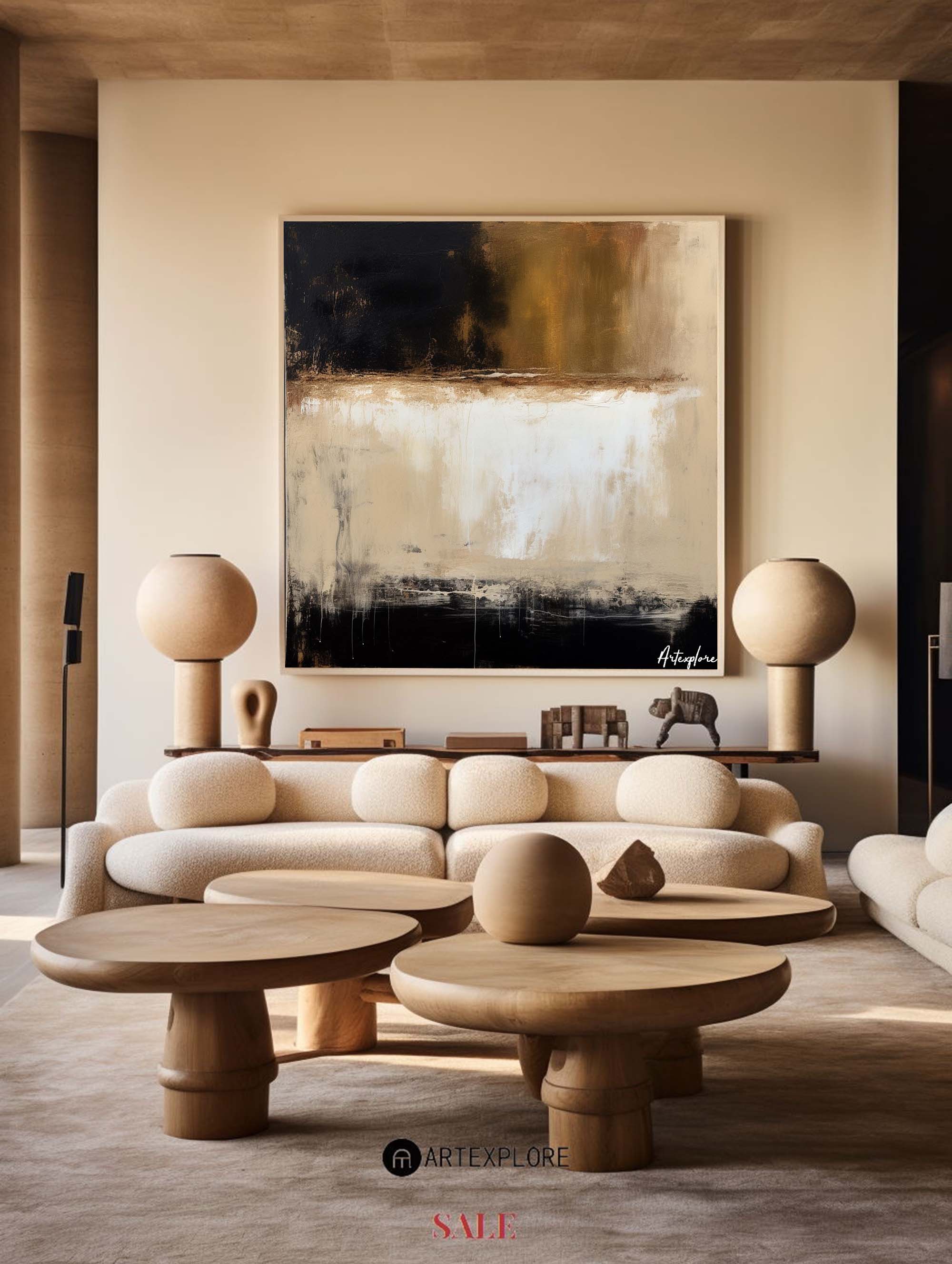 Large Beige Brown Textured Painting on Canvas Japandi Wabi-sabi Wall Art For Sale