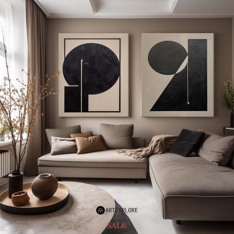 Modern Diptych Black White Minimalist Art Paintings Set of 2 Minimalist Canvas Wall Art