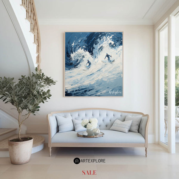 Modern Light Blue Surf Wall Art Paintings White Blue Surf Canvas Painting Original Handmade Painting