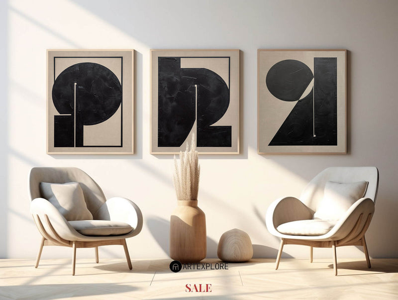 Modern Minimalist Art Set of 3 Abstract Beige Wall Art Black Beige Abstract Art For Sale