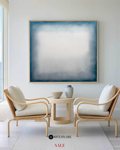 Large Blue Minimalist Oil Painting for Living Room | Modern Wabi-Sabi Art - ArtExplore