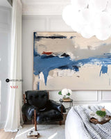 Large Blue Plaster Abstract Painting Minimalist Rich Textured Painting Horizontal Framed Painting