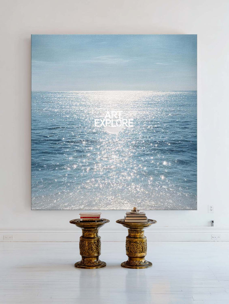 Blue Ocean Horizon Painting, Handmade Large Canvas Wall Art