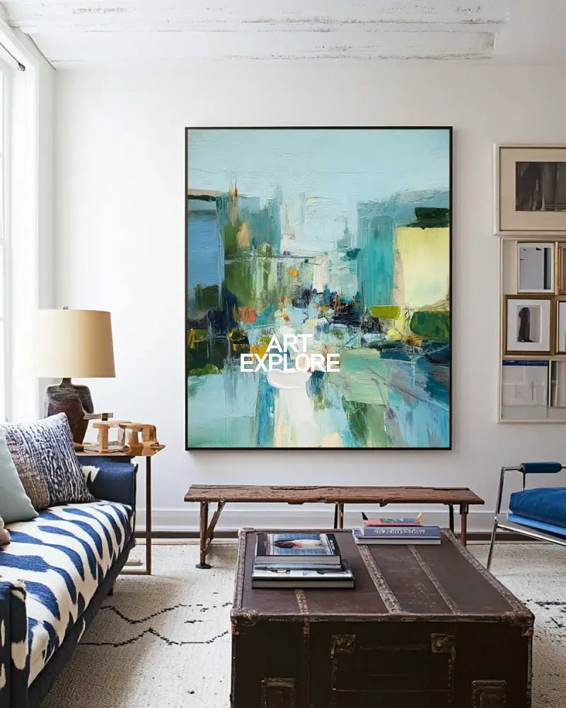 Extra Large Turquoise Texture Painting Blue Abstract Canvas Art Modern Texture Painting For Sale