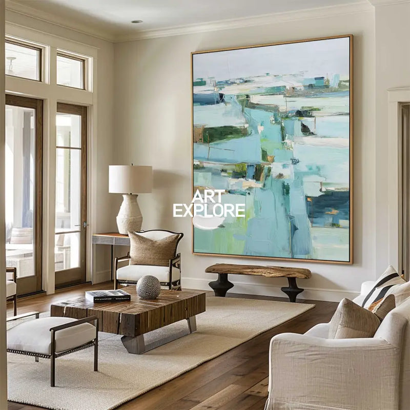 Modern Turquoise Painting Blue Abstract Canvas Wall Art Large Abstract Texture Painting For Sale