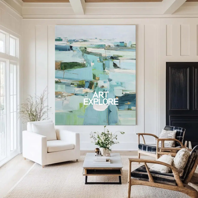 Modern Turquoise Painting Blue Abstract Canvas Wall Art Large Abstract Texture Painting For Sale