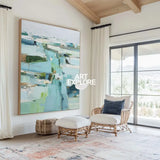 Modern Turquoise Painting Blue Abstract Canvas Wall Art Large Abstract Texture Painting For Sale