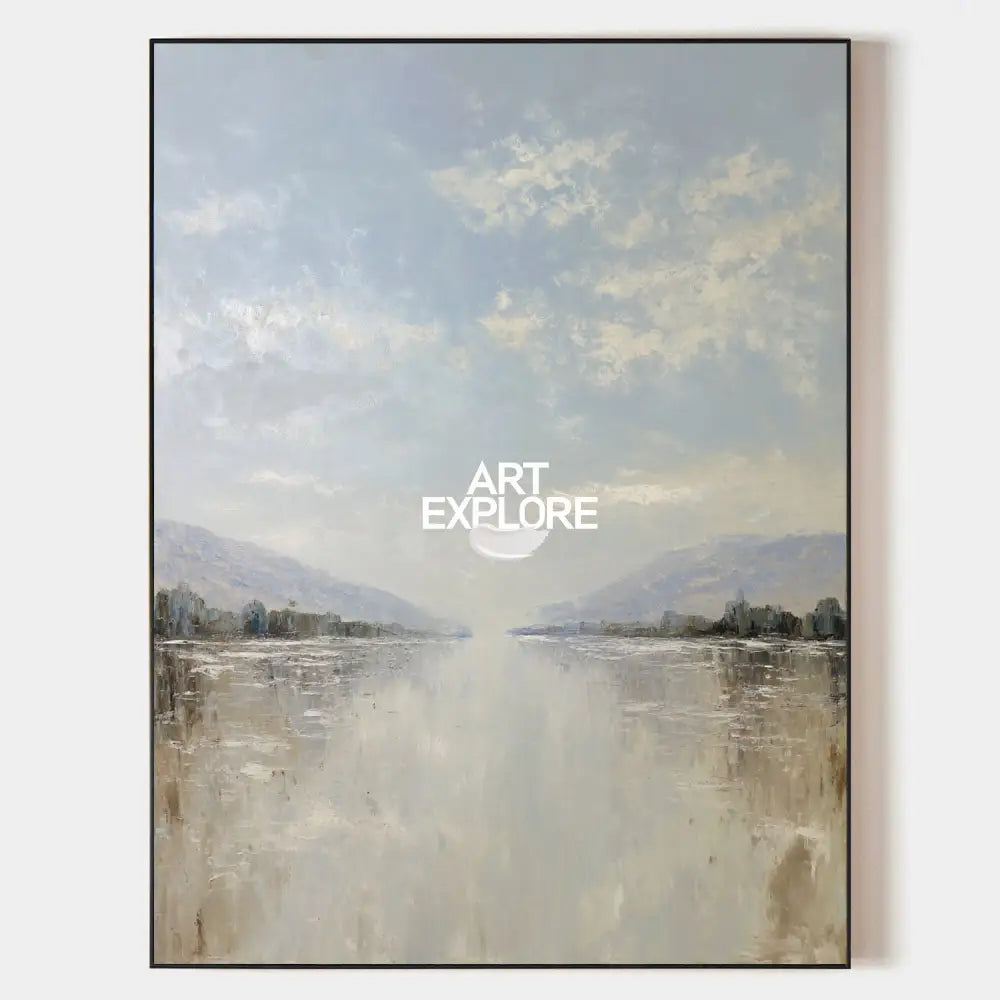Oversized White Beige Texture Painting Modern Beige Lake View Wall Art Minimalist Fine Art For Sale