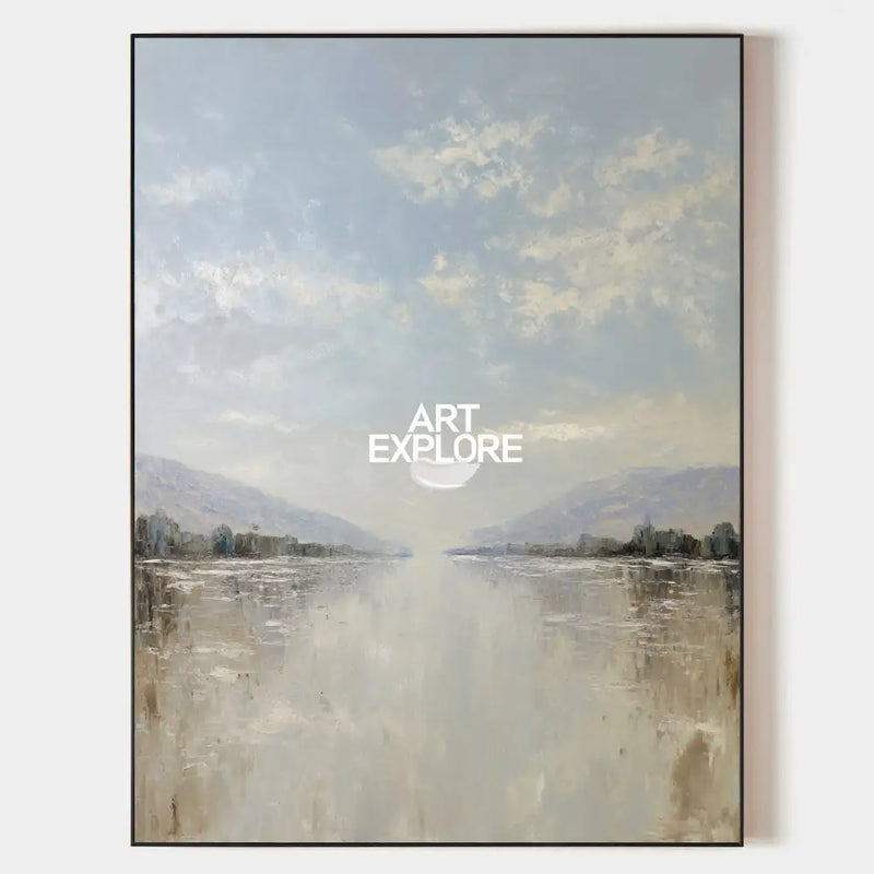 Oversized White Beige Texture Painting Modern Beige Lake View Wall Art Minimalist Fine Art For Sale