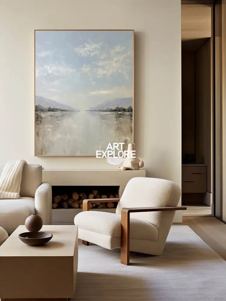 Oversized White Beige Texture Painting Modern Beige Lake View Wall Art Minimalist Fine Art For Sale