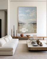 Oversized White Beige Texture Painting Modern Beige Lake View Wall Art Minimalist Fine Art For Sale