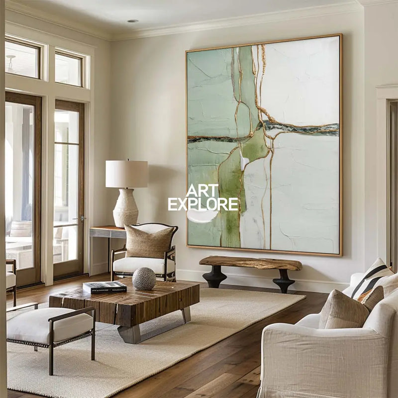 Wabi-sabi Green Texture Painting Large Sage Color Wall Art Modern Minimalist Wall Art For Living Room