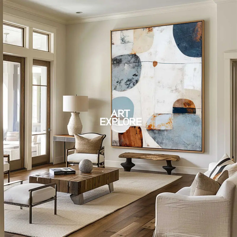 Handmade Blue Abstract Oil Painting – Large Canvas with Textured Wabi-Sabi Style