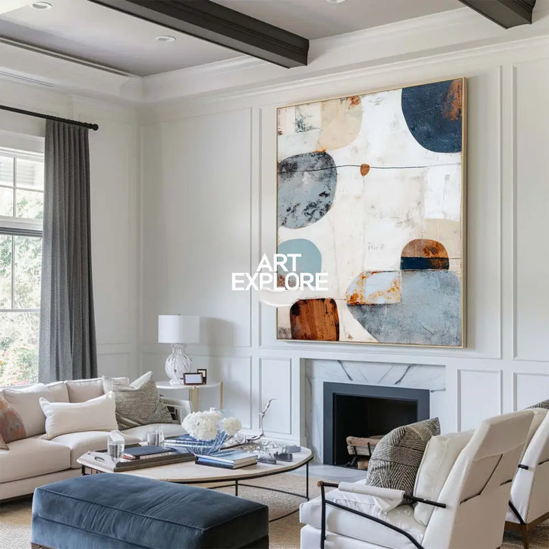 Large Vertical Blue Abstract Canvas – Hand-Painted Minimalist Wabi-Sabi Art