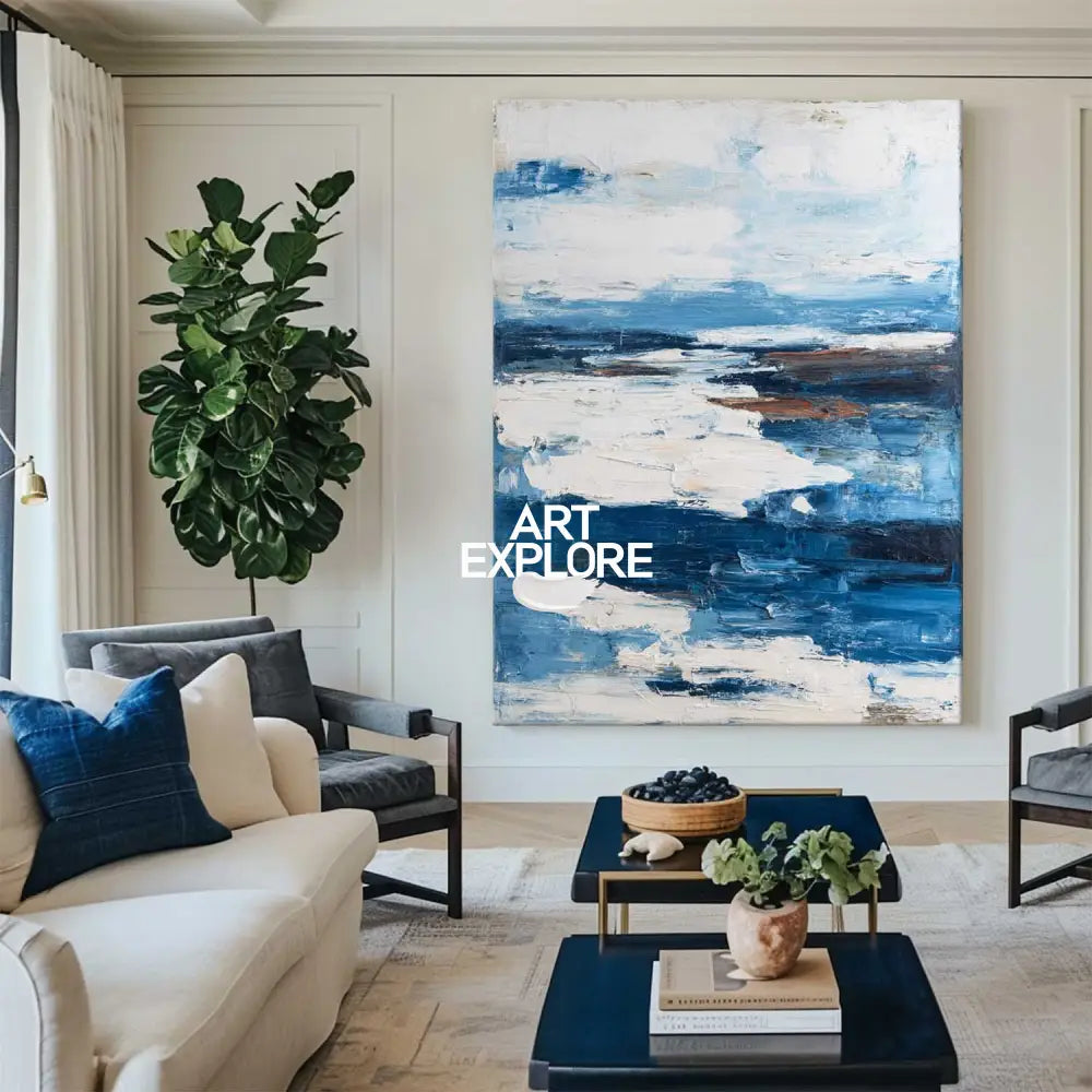 Vertical Blue Abstract Canvas – Handmade Modern Large Texture Oil Painting for Living Room | ArtExplore
