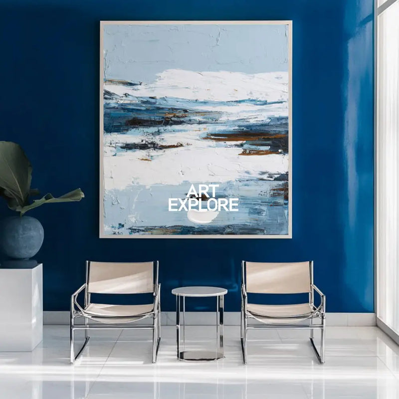 Large Modern Blue Canvas Art – Vertical Knife Palette Painting for Office & Lounge | ArtExplore