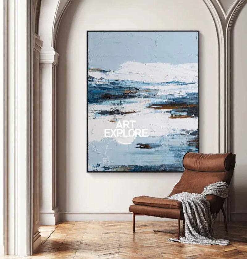 Handmade Blue Texture Oil Painting – Minimalist Abstract Wall Art for Living Room | ArtExplore