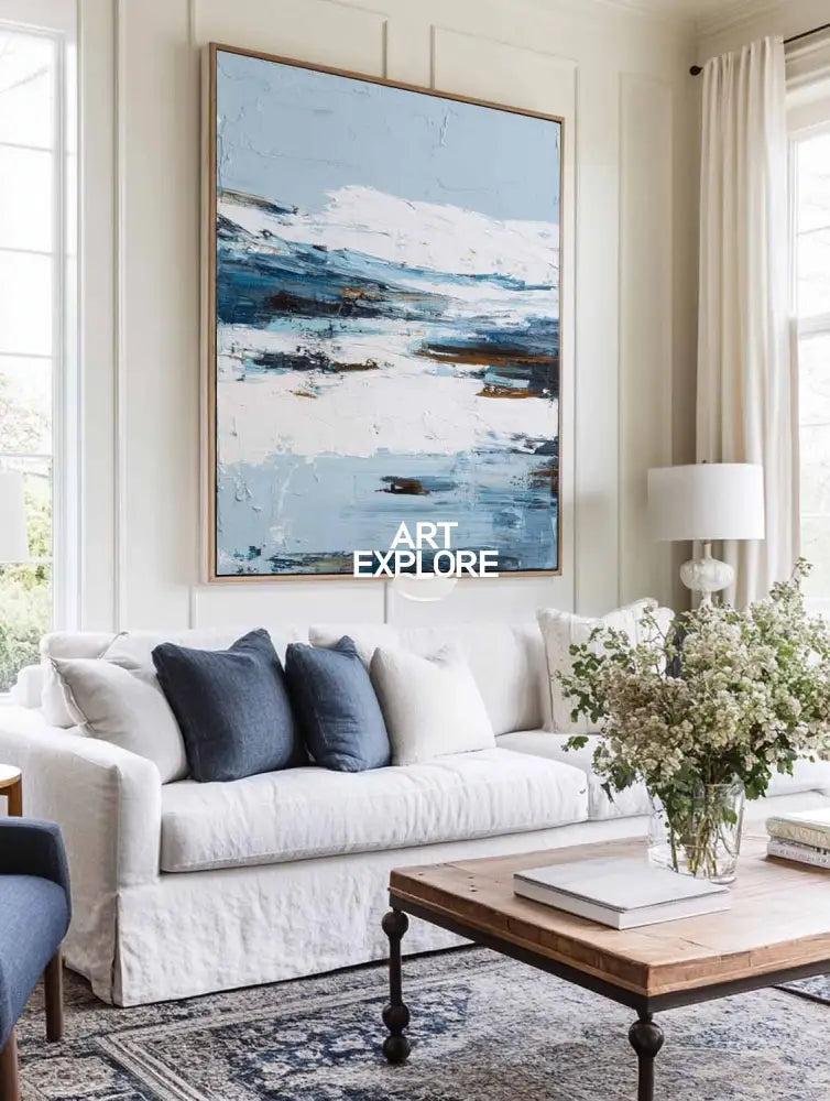 Minimalist Blue Abstract Canvas – Vertical Textured Oil Painting for Large Spaces | ArtExplore