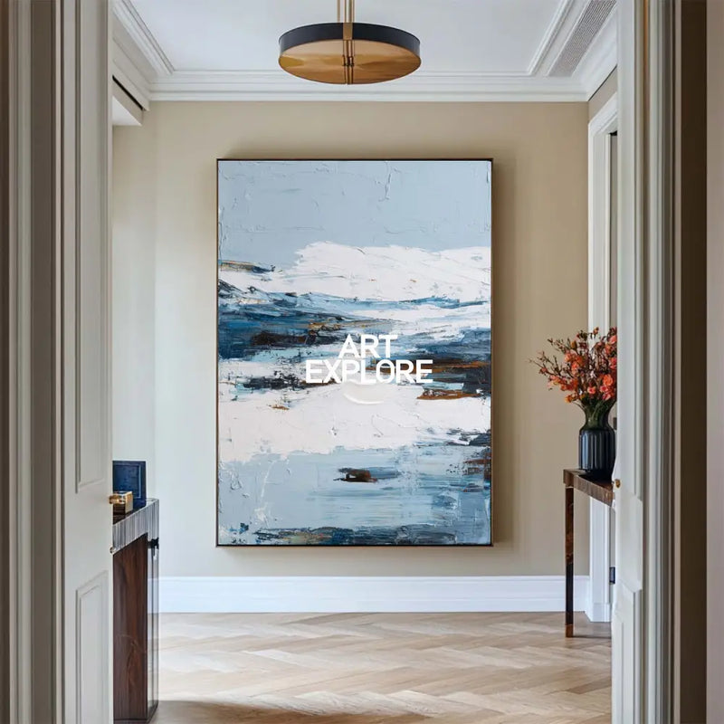Blue and White Abstract Oil Painting – Modern Large Texture Art for Hallway | ArtExplore
