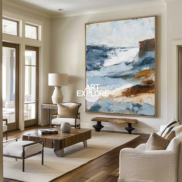 Minimalist Blue Abstract Wall Art – Vertical Handmade Knife Palette Painting | ArtExplore