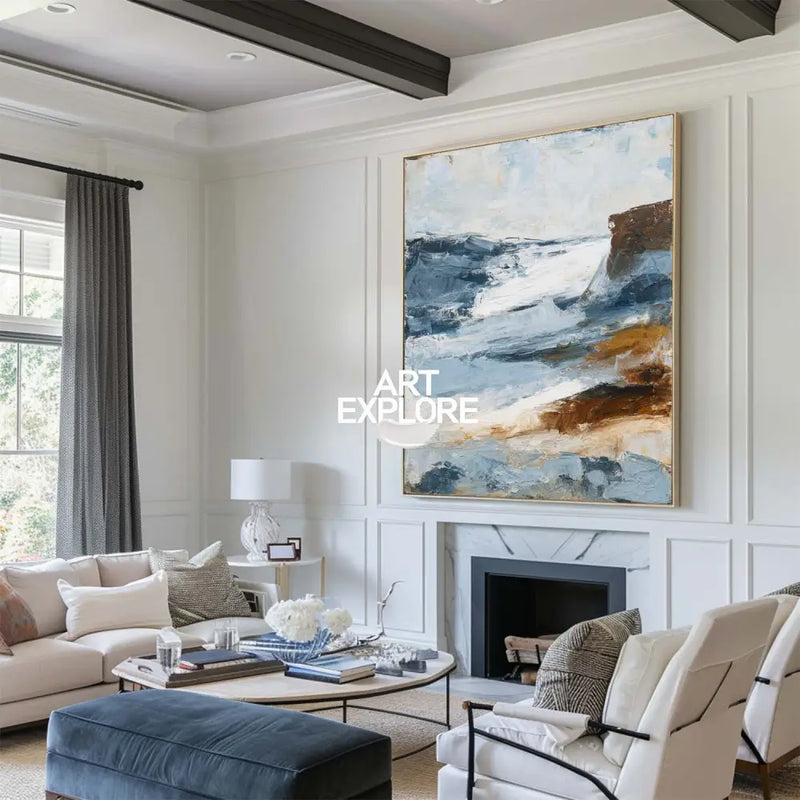 Vertical Abstract Oil Painting in Blue – Large Modern Texture Canvas | ArtExplore