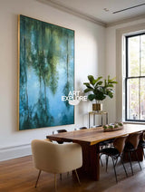 Handmade Green Reflection Oil Painting on Canvas – Vertical Wall Art for Modern Decor