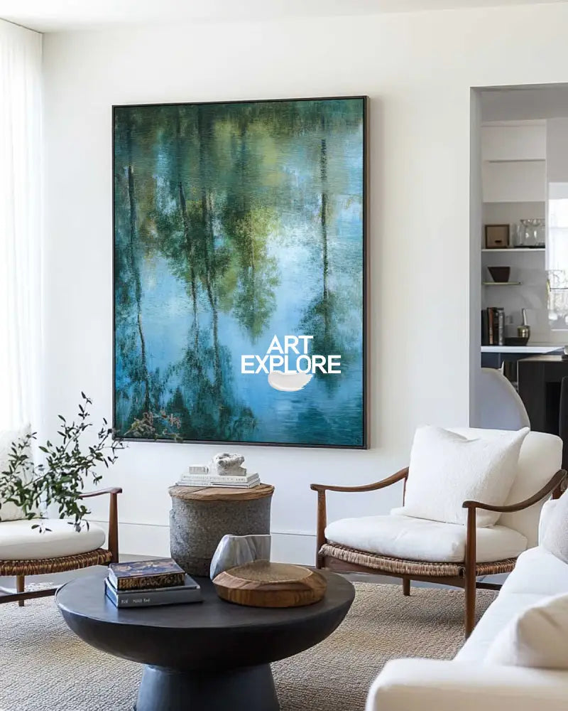 Impressionist Green Reflection Oil Painting – Large Vertical Canvas Wall Art for Home Decor