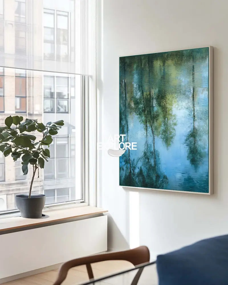 Green Reflection Nature Scene – Handmade Oil Canvas Painting for Large Modern Spaces