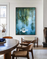Large Vertical Impressionist Artwork – Green Reflection Oil on Canvas for Minimalist Home Decor