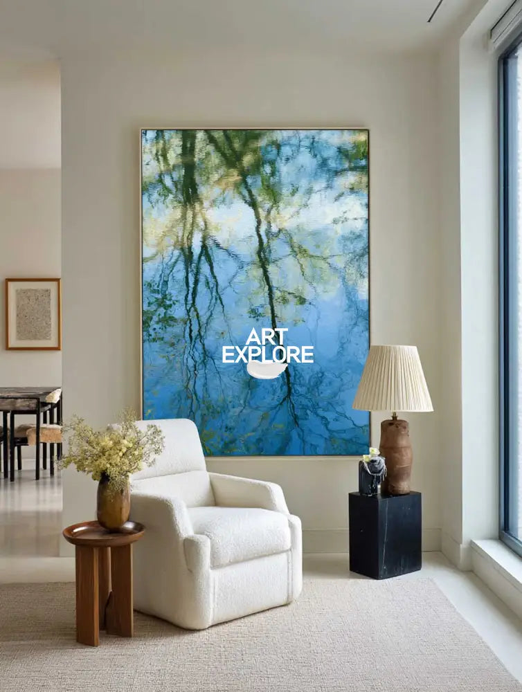 Handmade Green Tree Reflection Oil Painting – Large Vertical Wall Art for Minimalist Decor