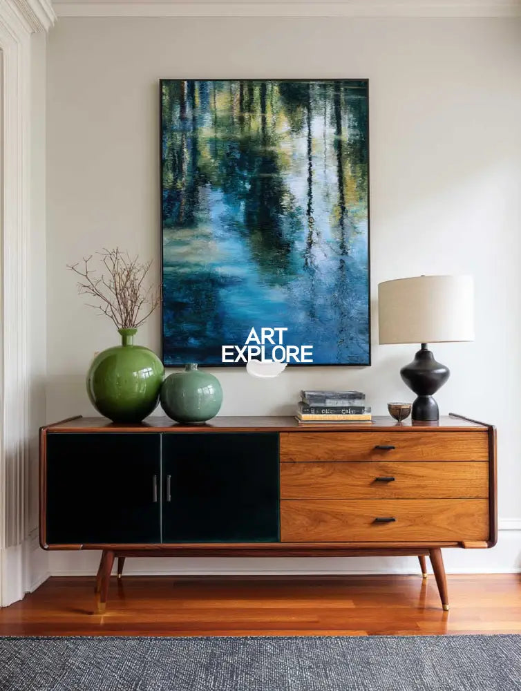 Green Water Reflection Nature Painting – Large Vertical Handmade Oil Art | ArtExplore