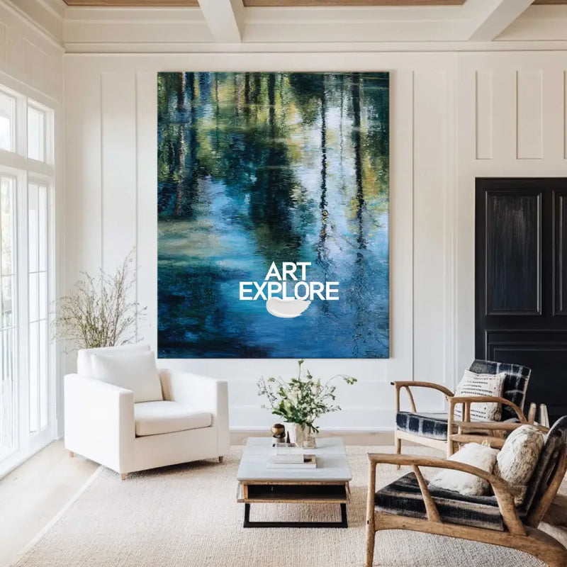 Modern Green Reflection Artwork – Large Impressionist Canvas for Living Room Decor | ArtExplore