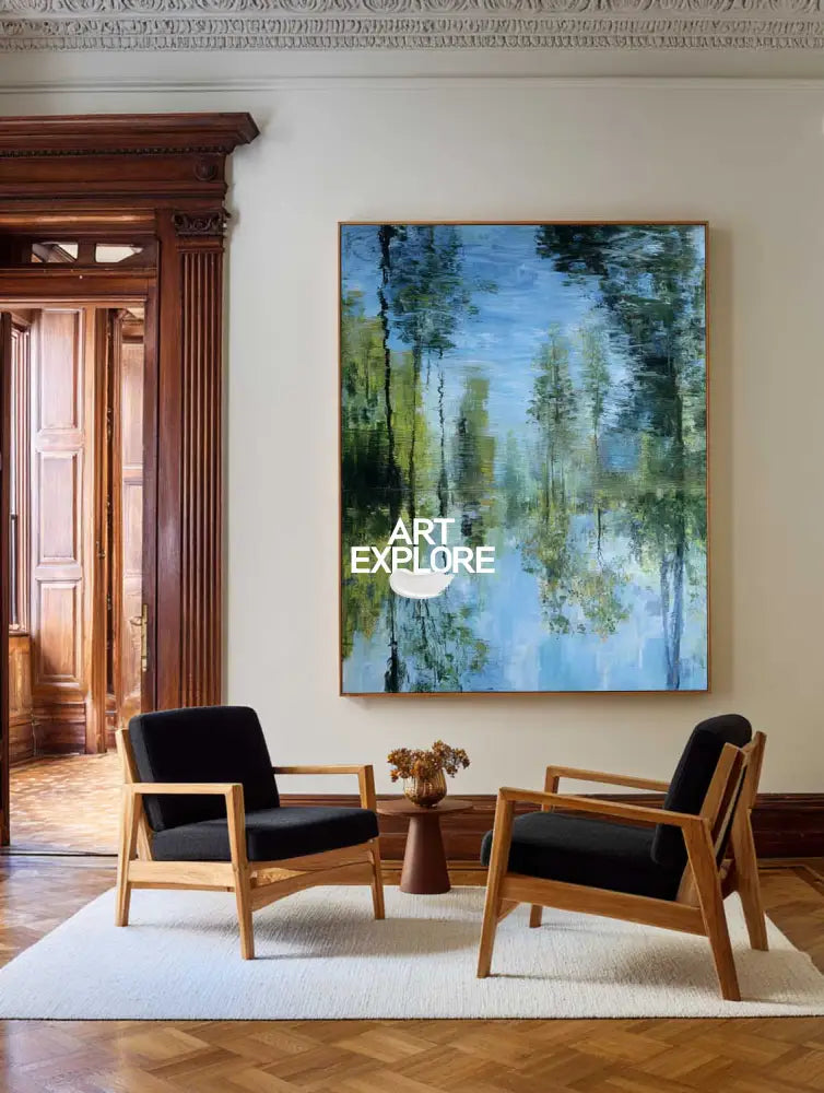 Minimalist Green Nature Reflection Canvas Painting – Oversized Handmade Wall Art Explore