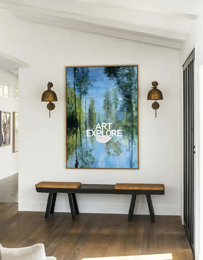 Handmade Large Wall Decor – Vertical Blue Green Scenery Oil Painting by ArtExplore