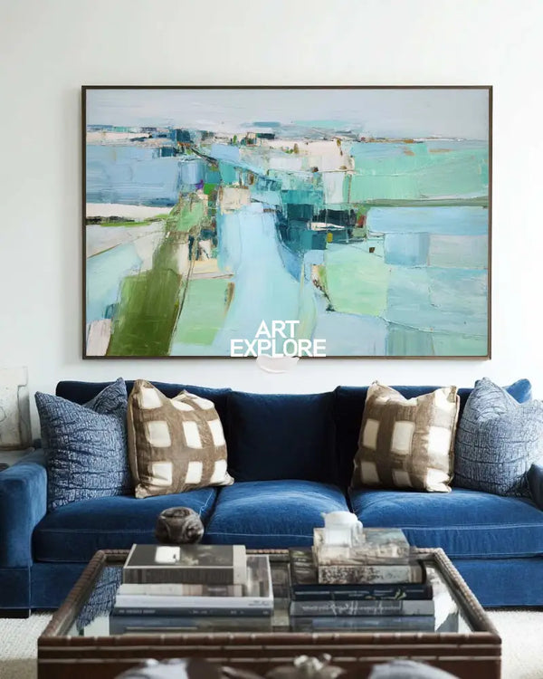 Blue Green Wall Art Blue Textured Painting Large Blue Minimalist Canvas Art Blue Abstract Painting