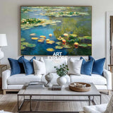 Modern Blue Green Water Lily Painting Large Lake Landscape Wall Art Blue Swamp Wall Art For Sale