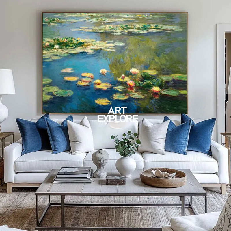 Modern Blue Green Water Lily Painting Large Lake Landscape Wall Art Blue Swamp Wall Art For Sale