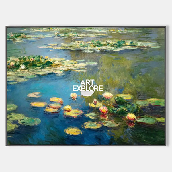 Modern Blue Green Water Lily Painting Large Lake Landscape Wall Art Blue Swamp Wall Art For Sale