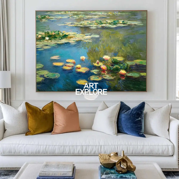 Modern Blue Green Water Lily Painting Large Lake Landscape Wall Art Blue Swamp Wall Art For Sale