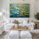 Modern Blue Green Water Lily Painting Large Lake Landscape Wall Art Blue Swamp Wall Art For Sale