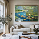 Modern Blue Green Water Lily Painting Large Lake Landscape Wall Art Blue Swamp Wall Art For Sale