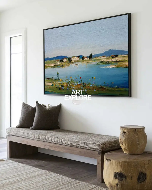 Blue Lake Scenery Painting Large Blue Textured Landscape Wall Art Blue Abstract Wall Art For Sale