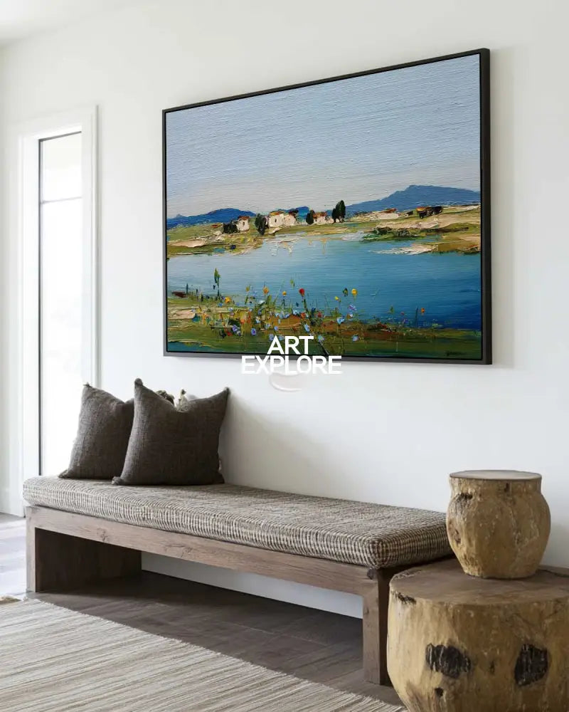 Blue Lake Scenery Painting Large Blue Textured Landscape Wall Art Blue Abstract Wall Art For Sale