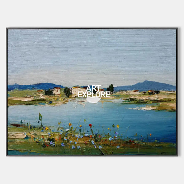Blue Lake Scenery Painting Large Blue Textured Landscape Wall Art Blue Abstract Wall Art For Sale