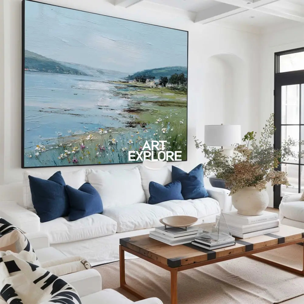 Large Blue Scenery Oil Painting Blue Lake Textured Wall Art Modern Blue Landscape Wall Art For Sale