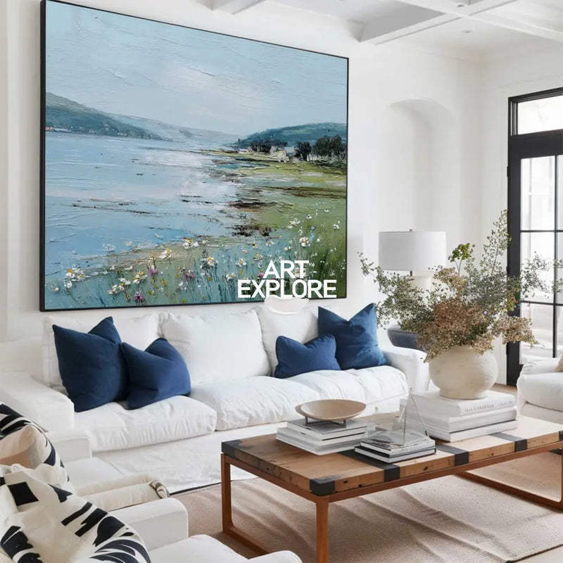 Large Blue Scenery Oil Painting Blue Lake Textured Wall Art Modern Blue Landscape Wall Art For Sale